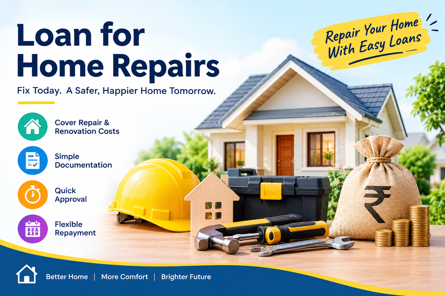 Loan for home repairs showing a modern house, repair tools, money, and home renovation financing with simple documentation, quick approval, and flexible repayment